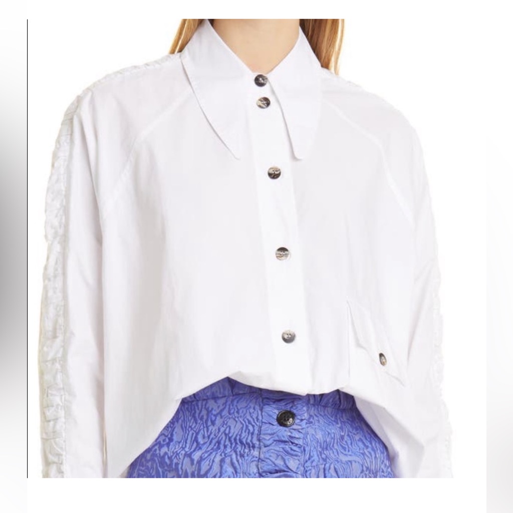 Ganni Gathered Sleeve Poplin Button Up Size L. Xl